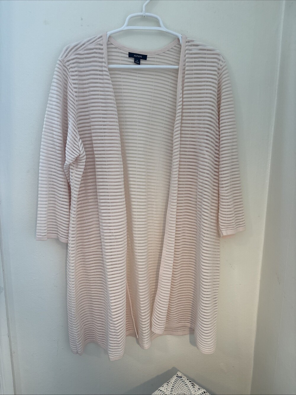 Alfani Cardigan Sweater Womens 1X Pink Sheer Striped Open Front Lightweight